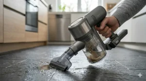 Specialized wet-dry handheld vacuum suctioning a small water spill from a hardwood floor.