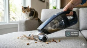 Illustration of a handheld vacuum with a motorized brush tool removing pet hair from upholstery.
