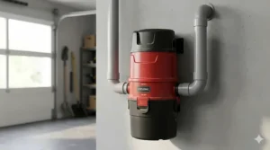 Compact and affordable central vacuum power unit canister mounted on a garage wall next to PVC piping connections.