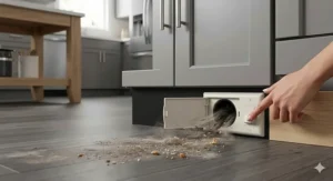 Broom sweeping kitchen floor debris into an automatic toe-kick dustpan connected to a home central vacuum system.