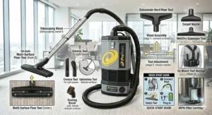 An overview illustration of various backpack vacuum attachments including crevice tools, hard floor nozzles, and extension wands.