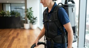 An illustration highlighting the padded shoulder straps and lumbar support design of an ergonomic backpack vacuum.