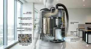 An illustration showing the multi-stage HEPA filtration system inside a premium backpack vacuum.