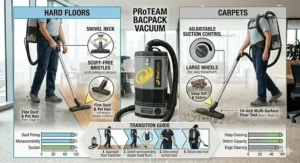 An illustration demonstrating how a versatile backpack vacuum transitions from cleaning hardwood floors to low pile carpets.