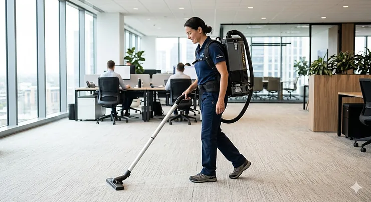 A commercial cleaner wearing the best backpack vacuum while cleaning an open-plan office space.
