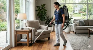 A homeowner comfortably using a lightweight backpack vacuum to clean stairs and high ceiling corners.