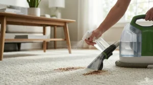 Cleaning pet stains out of a light-colored rug using a specialized hand tool attached to an affordable carpet cleaner.