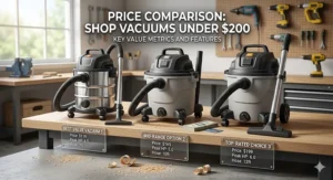 Comparison chart of top-rated shop vacuums priced under $200 highlighting motor power and hose length.