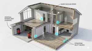Home floor plan diagram illustrating a simple budget central vacuum system pipe layout with two strategically placed wall inlets to cover the whole house.