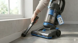 A high-detail photograph demonstrating the use of a 2-in-1 crevice tool attachment included with a vacuum under $50, cleaning a narrow baseboard corner and window sill in natural daylight.