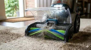 Close-up illustration of motorized roller brushes on a carpet cleaner lifting embedded dirt from high traffic fibers.