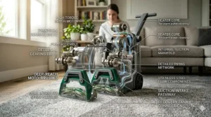 A detailed, photorealistic 4K technical cross-section diagram of the Big Green professional carpet cleaner from the previous images, viewed from an open, exploded internal perspective that maintained the bright, sunlit living room background. The entire front transparent shell is carefully exploded away into layered internal modules. A comprehensive network of clean, precise white lines and text labels point to every internal component, building upon previous details: and others are: 'HIGH-TORQUE BRUSH MOTOR', 'PRECISION GEARING DRIVE', 'INTERNAL PUMP ASSEMBLY', 'HEATER CORE (for warm water cleaning)', 'INTERNAL SUCTION MANIFOLD', 'DETAILED PIPING NETWORK', 'STAINLESS STEEL FLOW COMPONENTS', 'HIGH-VELOCITY SUCTION FAN', 'SUCTION INTAKE PATHWAY', 'RECOVERY TANK CONNECTION', 'DEEP-REACH MOTO-BRUSHES', and 'DUAL INTRICATE SPRAY NOZZLES'. New internal flow paths are marked with subtle blue and clear lines. The woman is visible, now out of focus in the mid-ground, standing behind the fully exploded diagram, studying its parts. Natural sunlight illuminates the intricate metallic and plastic parts, creating clean highlights.