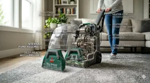 A photorealistic 4K detailed illustration, building upon the context of image_0.png, image_2.png, image_4.png, and image_6.png. The well-lit living room setting with the grey textured carpet is preserved. The focus is a close-up angle of the Big Green professional carpet cleaner, revealing its internal mechanisms. The front transparent cover is partially removed and exploded into a layered technical diagram, showing the intricate components like the high-torque brush motor, precision gearing drive, internal pump assembly, and a detailed piping network with stainless steel flow components, exactly as detailed in previous illustrations. The woman from image_0.png is present in the mid-ground, casual operating the cleaner, providing scale and context. All previous technical labels are clearly visible and integrated.