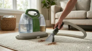 Using a hose attachment tool from a home carpet cleaner under 300 dollars to scrub carpeted steps.
