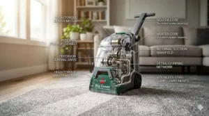 A photorealistic technical diagram illustration, based on image_0.png, showcasing a translucent, partially 'exploded' view of the Bissell Big Green carpet cleaner machine. Precision-machined, metallic internal components, gears, and complex internal piping are intricately visible within the clear plastic casing, bathed in warm natural light. The background elements of the living room (sofa, plants, bookshelf) from image_0.png are present but softly blurred. Elegant white and silver leader lines with technical labels float around the components, identifying parts like 'HIGH-TORQUE BRUSH MOTOR', 'INTERNAL PUMP ASSEMBLY', and 'HEATER CORE (for warm water cleaning)', creating a premium engineering aesthetic. The carpet texture is sharp in the foreground.
