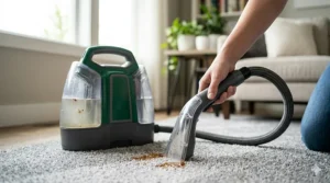 A photorealistic 4K detailed illustration of a compact, portable spot carpet cleaner, designed as a smaller companion to the large machine seen in image_12.png. The portable unit features a similar green and dark grey plastic design with a rounded, handheld form. It is positioned on the textured grey carpet from image_12.png, in the sunlit living room with the window and potted plants in the background. A human hand holds and operates the ergonomic, transparent nozzle head of a flexible, dark grey fabric-braided hose connected to the portable unit. The hose is actively treating a small, fresh coffee spill stain on the carpet. The clear plastic tank of the portable spot cleaner contains slightly cloudy water with dissolved cleaning solution and small dirt particles, similar in look to the dirty water in image_0.png. Natural light from the window highlights the textures of the carpet fibers, the wet spill, the human hand, and the plastics of the spot cleaner and its nozzle. The close-up view focuses sharply on the handheld nozzle and the stain treatment, with the spot cleaner unit in the background.