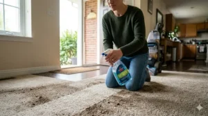Applying a pre-treatment spray formula to heavily soiled carpet lanes before deep cleaning.