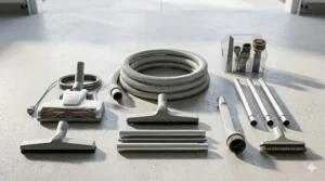 An assortment of white and silver central vacuum system attachments, brushes, and extension wands for different flooring types.