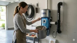 Emptying the bottom dirt canister collection bucket during routine maintenance of a central vacuum system.
