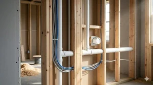 In-wall PVC tubing and low-voltage wiring installation for a built-in central vacuum system during home framing.