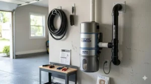 Wall-mounted central vacuum system power unit installed in a residential garage with visible exhaust piping.