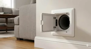 A flexible silver vacuum hose being plugged into a white wall inlet valve of a whole-house central vacuum system.