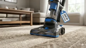A photorealistic, highly detailed close-up photograph of a grey and blue upright vacuum head (the $49.99 model) moving over a low-pile, patterned carpet, lifting visible dirt and dander in natural light.