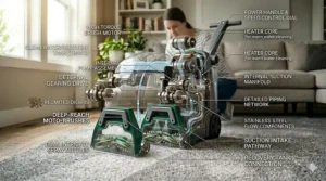 A photorealistic 4K detailed illustration, building upon the comprehensive context of the Big Green professional carpet cleaner from image_0.png through image_14.png. The scene is the same sunlit living room with the gray textured rug and bookshelf. The illustration provides a close-up, exploded-module technical view, showing the machine's primary components as if disassembled and laid out on the gray rug for detailed analysis. A translucent, detailed exploded-view diagram overlay, with precise white leader lines and elegant white text, labels every single key part. Building comprehensively, labels include: 'POWER HANDLE & SPEED CONTROL DIAL', 'CLEAN WATER/FORMULA TANK (TRANS)', 'DIRTY WATER/RECOVERY TANK (TRANS)' with cloudy water, 'HIGH-TORQUE BRUSH MOTOR', 'PRECISION GEARING DRIVE', 'INTERNAL PUMP ASSEMBLY', 'HEATER CORE (for warm water cleaning)', 'INTERNAL SUCTION MANIFOLD', 'DETERNAL GEARING DRIVE', 'RECMITED DIBRING', 'DEEP-REACH MOTO-BRUSHES', 'DUAL INTRICATE SPRAY NOZZLES', 'HIGH-VELOCITY SUCTION FAN', 'SUCTION INTAKE PATHWAY', 'RECOVERY TANK CONNECTION', 'STAINLESS STEEL FLOW COMPONENTS', and 'DETAILED PIPING NETWORK'. New, visible fluid flow lines (blue for fresh, brown for dirty, clear for air) indicate the complete cycle. The woman from previous images is subtly visible, out of focus, near the bookshelf, kneeling and observing the maintenance. Extreme detail on all textures and text.