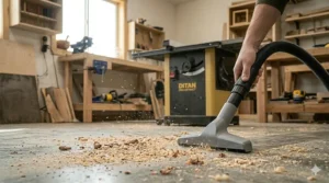 Using a wide floor nozzle attachment on a shop vacuum to clear fine wood shavings from a workbench.