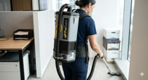 A janitor using a heavy duty commercial backpack vacuum to clean carpeted office floors quickly.