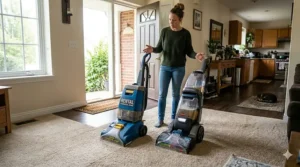 A comparison graphic between a commercial rental machine and a consumer carpet cleaner for high traffic areas.