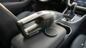 A portable cordless wet dry vacuum for car use showing its long-lasting battery indicator.