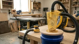 A DIY cyclone dust separator lid attached to a shop vacuum to prevent filter clogging.