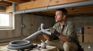 Homeowner assembling lightweight PVC vacuum piping under a floor floor joist for a low cost central vacuum system installation project.