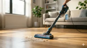 A high-detail close-up photograph of a low-profile lightweight vacuum head gliding over polished oak hardwood flooring. The blue and grey stick vacuum (with a miniature $49.99 tag) lifts a trail of fine dust and dander in natural light.