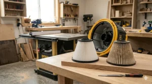 A high-efficiency HEPA filter designed to capture fine sawdust in a woodworking shop vacuum.