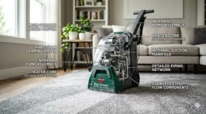 A highly detailed, photorealistic 4K illustration of the Bissell Big Green Professional Carpet Cleaner from image_0.png, with its clear plastic covers removed to reveal intricate, labeled internal mechanical components. The machine stands on the grey textured living room carpet, bathed in natural light. Precise white leader lines connect technical labels to key parts, including 'HIGH-TORQUE BRUSH MOTOR', 'PRECISION GEARING DRIVE', and 'INTERNAL PUMP ASSEMBLY'. The textures of the complex metal and plastic parts are rendered with extreme detail. The background of image_0.png is softly blurred, focusing critical sharp attention on the internal components and labels.