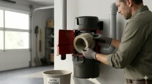 A person inspecting a washable permanent foam filter inside an inexpensive central vacuum unit for optimal suction performance.