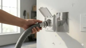 A standard white central vacuum wall inlet valve opened with a lightweight hose handle being inserted into the utility utility socket.