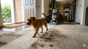 A dog leaving muddy paw prints on a hallway rug, requiring a specialized carpet cleaner for high traffic pet stains.