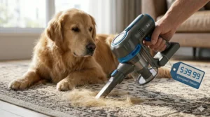 A detailed close-up of a charcoal grey and electric blue handheld vacuum cleaner (the compact model from illustration 2) suctioning a dense patch of Golden Retriever dog fur from a rug. A calm Golden Retriever is lying in the background. The scene has natural window light and includes the blue $39.99 price tag.