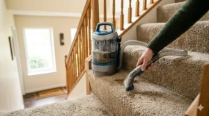 Using a portable spot carpet cleaner to remove dirt from high traffic carpeted stairs.