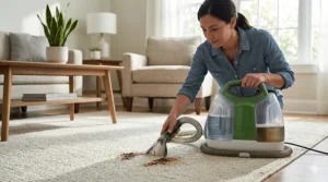 A compact portable carpet cleaner under 300 dollars sitting on a hallway floor ready to clean small spills.
