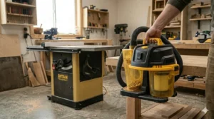 A compact, wheeled shop vacuum being moved between different woodworking stations.