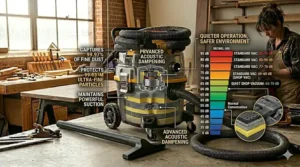 An infographic comparing decibel levels of standard shop vacs to ultra-quiet professional models.