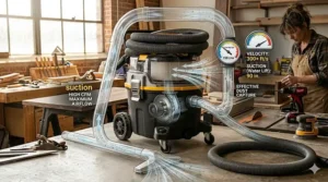 Diagram explaining cubic feet per minute (CFM) as a measure of the best shop vacuum suction strength.