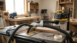Close-up of a flexible shop vacuum hose attached to a miter saw dust port.