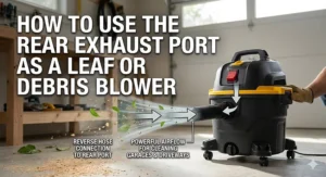 Infographic demonstrating how to use the rear exhaust port of a shop vacuum as a leaf or debris blower.