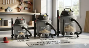 Size guide showing various gallon capacities for affordable shop vacuums ranging from 5 to 14 gallons.