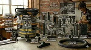 Space-saving garage storage solution featuring a wall-mounted shop vacuum with an extra-long reach hose.